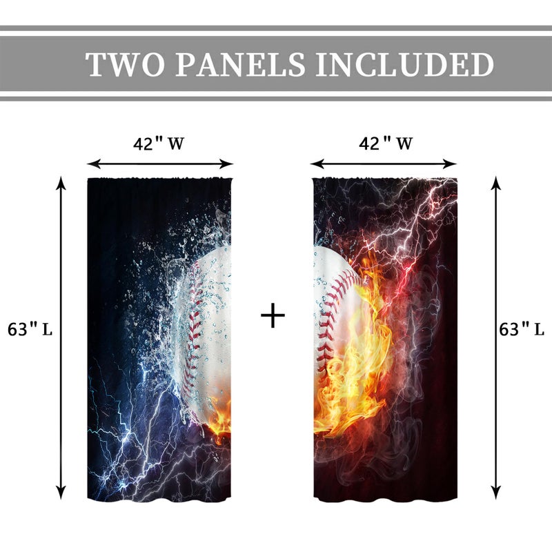 Cinbloo Baseball Curtains Sports Theme for Men 42W x 63L Inch Rod Pocket Ball in Fire Water Flame Lightening Boys Kids Bedroom Decor Art Printed Living Room Window Drapes Treatment Fabric 2 Panels - Image 4